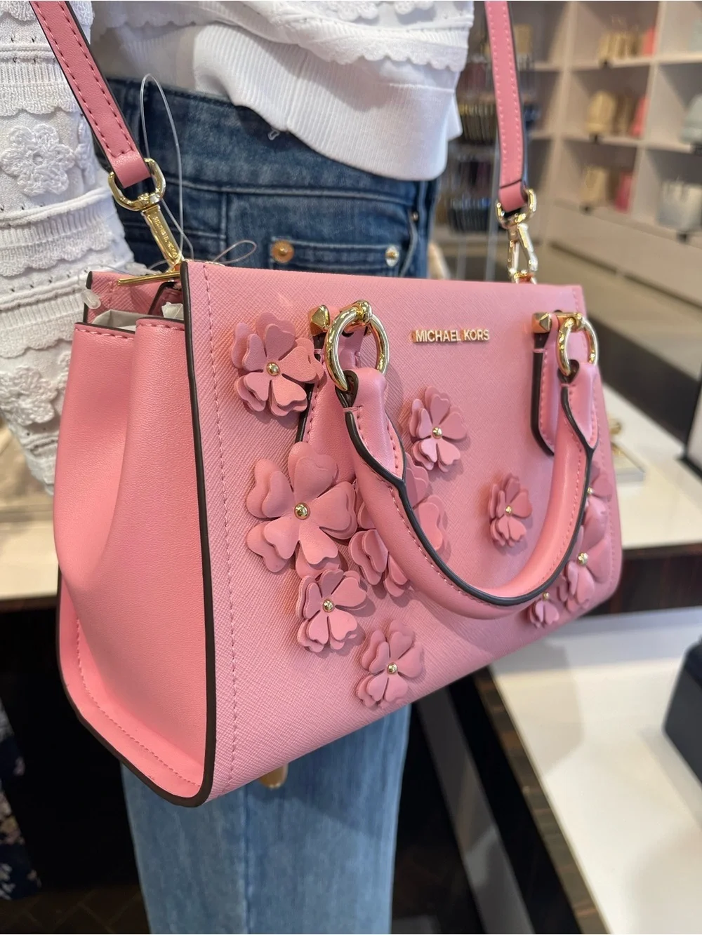 MICHAEL KORS Marilyn Sm Floral Embellished Satchel Messenger Cros Carnation  NWT